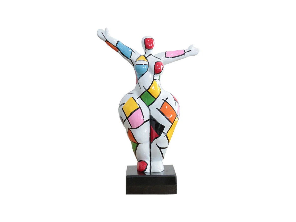 Statue femme bras levés carreaux multicolores H34 cm - LADY SQUARE