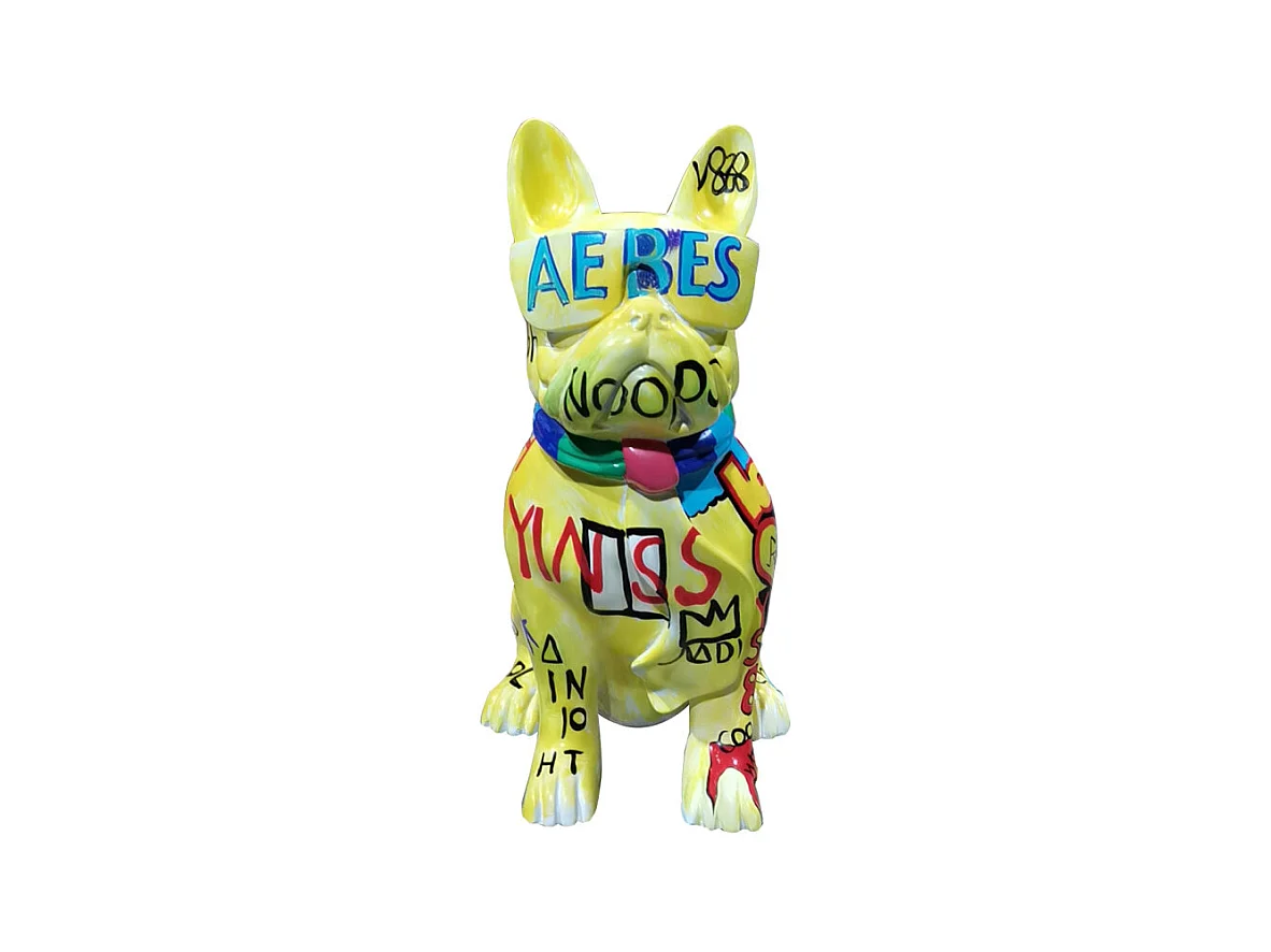 Statue chien bulldog assis avec graffiti multicolores H37 cm - KARL 02