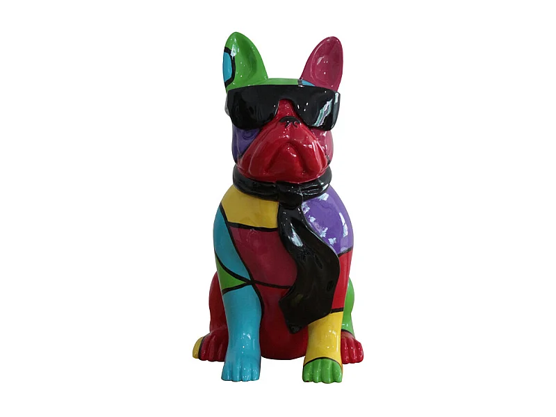 Statue chien bulldog assis noir et multicolore H37 cm - KARL 01