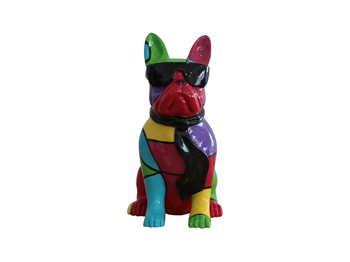 Statue chien bulldog assis noir et multicolore H37 cm - KARL 01