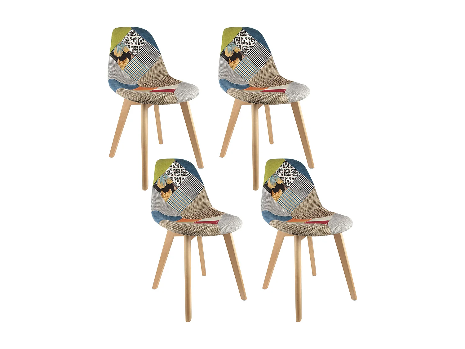 Chaise Scandinave Patchwork - Lot De 4 Multicolore, Bleu, Blanc, Gris, Jaune, Rouge