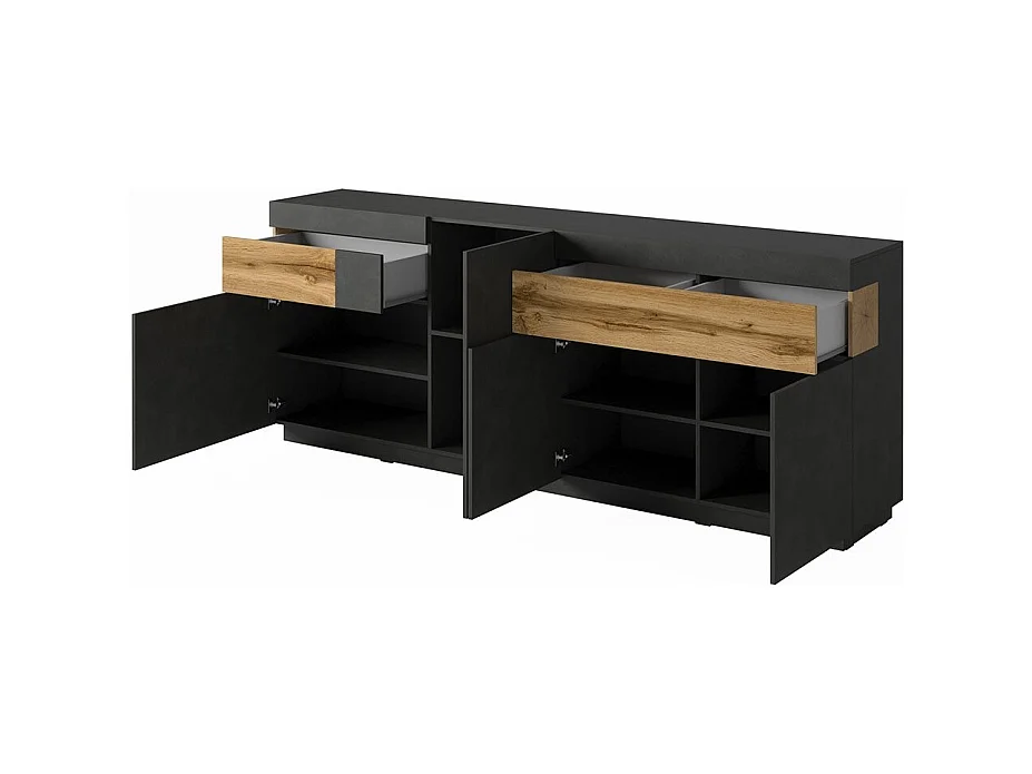 Buffet, aparador, enfilada KILES de cuatro puertas, dos cajones. Color gris antracita y roble. Estilo de diseño.