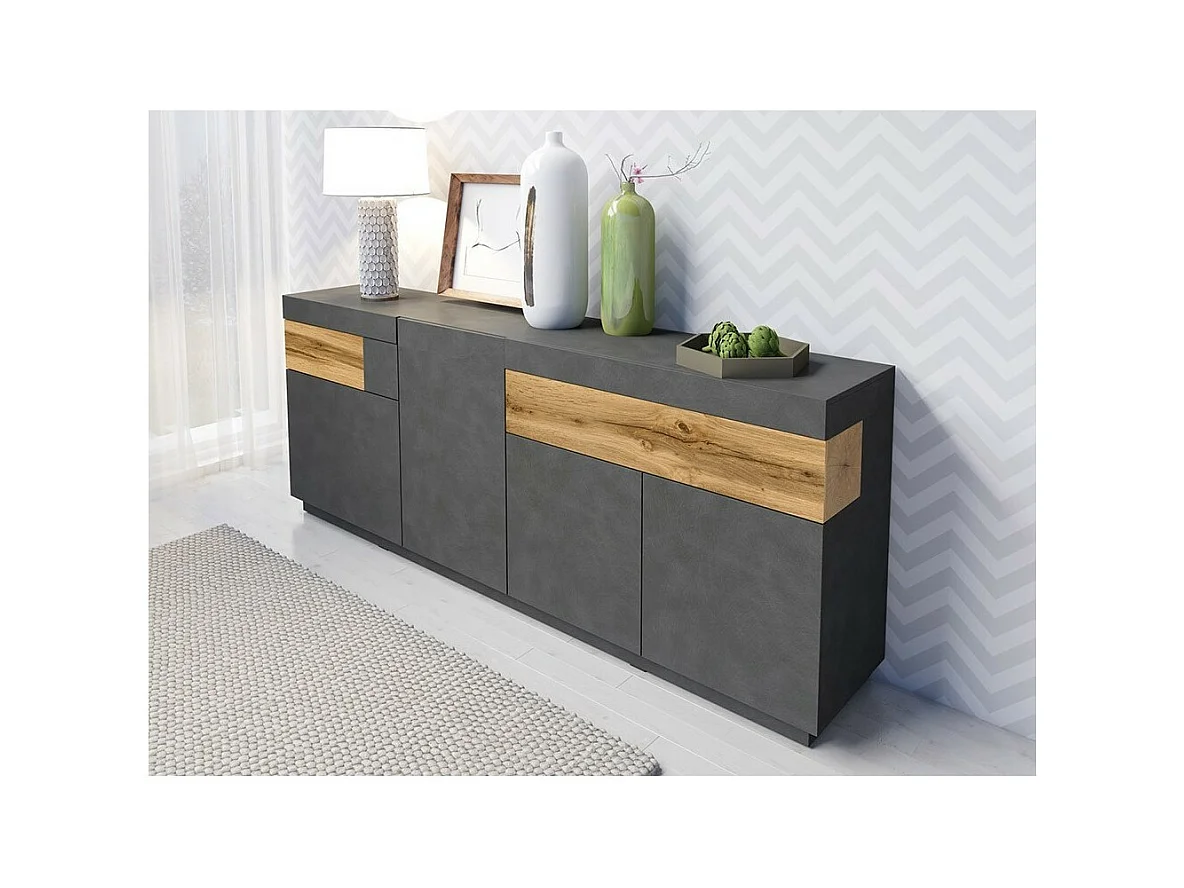 Buffet, aparador, enfilada KILES de cuatro puertas, dos cajones. Color gris antracita y roble. Estilo de diseño.