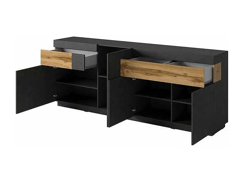 Buffet 4 portes 2 tiroirs KILES – Gris anthracite & chêne clair – Design moderne et spacieux