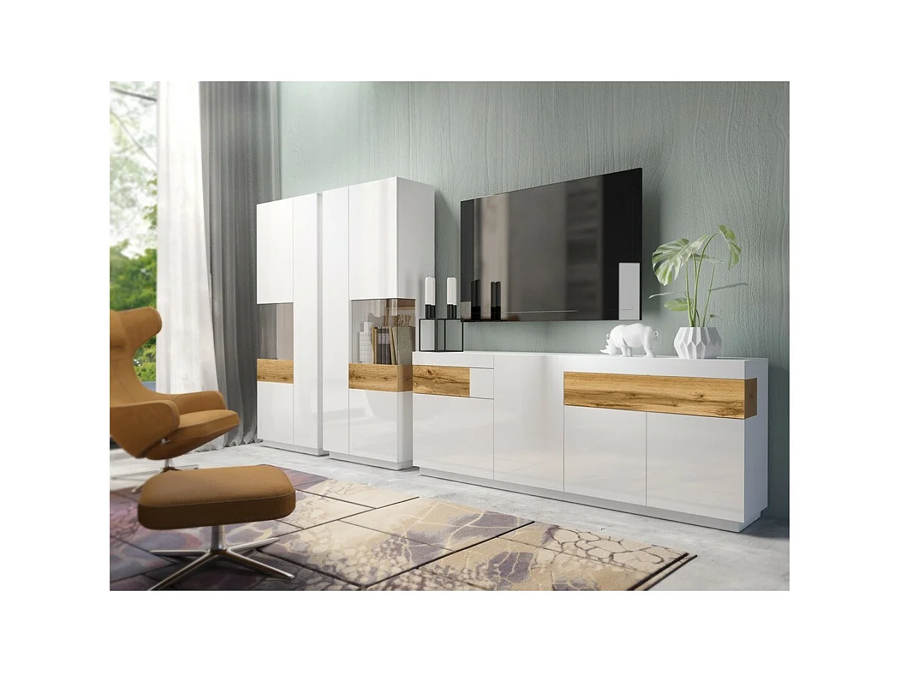 Buffet 3 portes 2 tiroirs KILES – Blanc et chêne – Design moderne spacieux