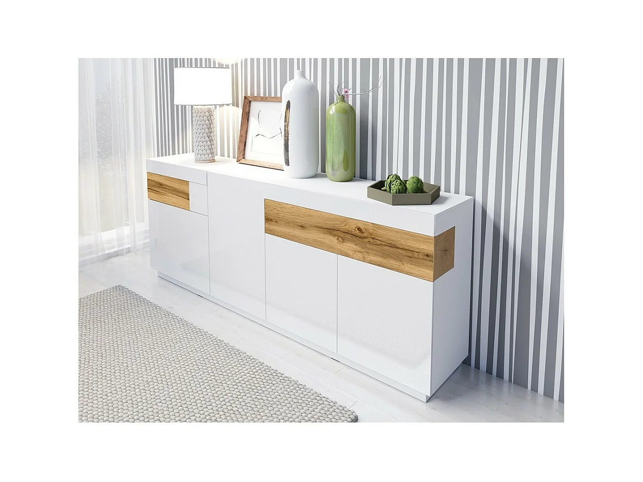 Buffet 3 portes 2 tiroirs KILES – Blanc et chêne – Design moderne spacieux