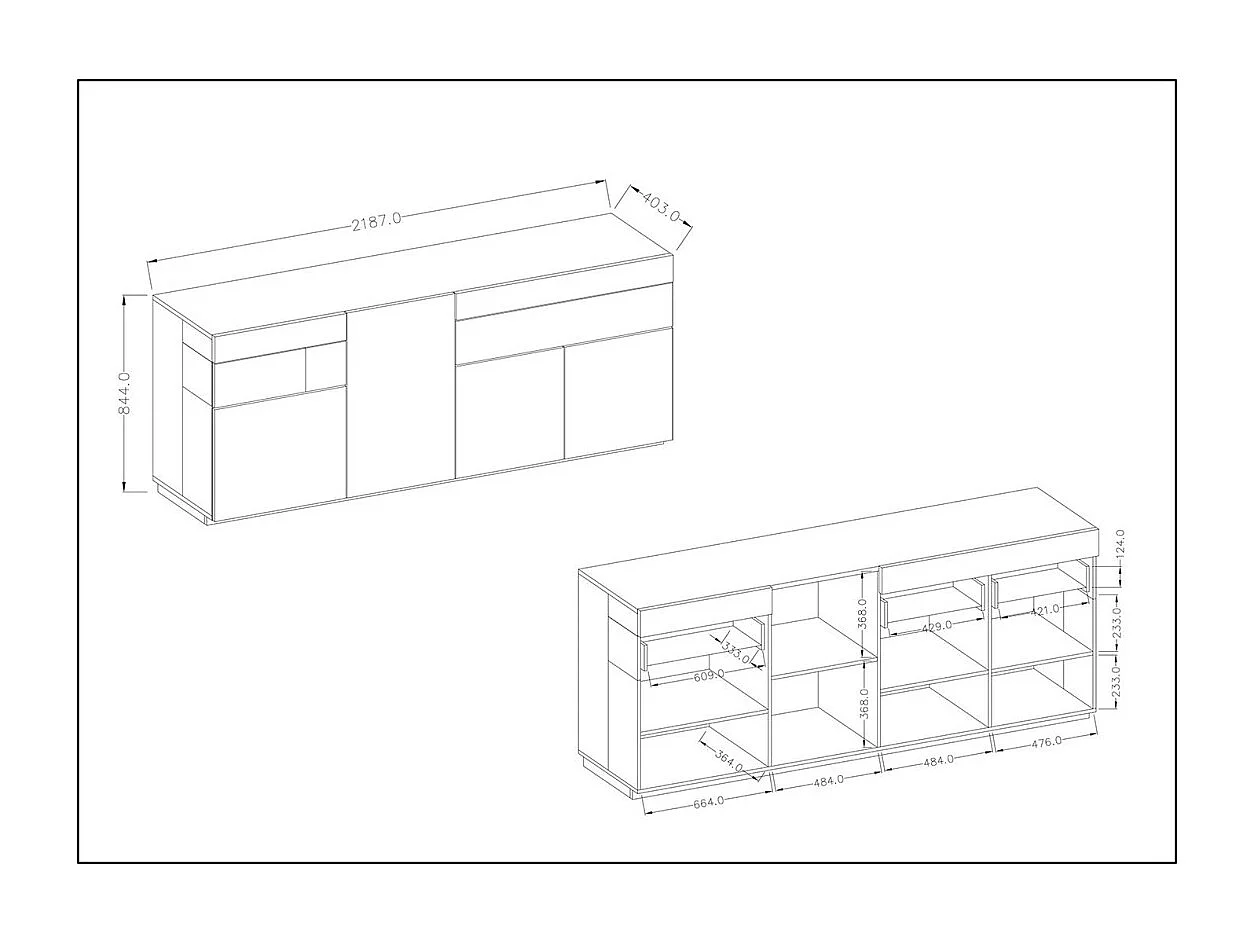Buffet, dressoir, sideboard KILES met drie deuren, twee laden. Kleur wit en eiken. Design stijl.