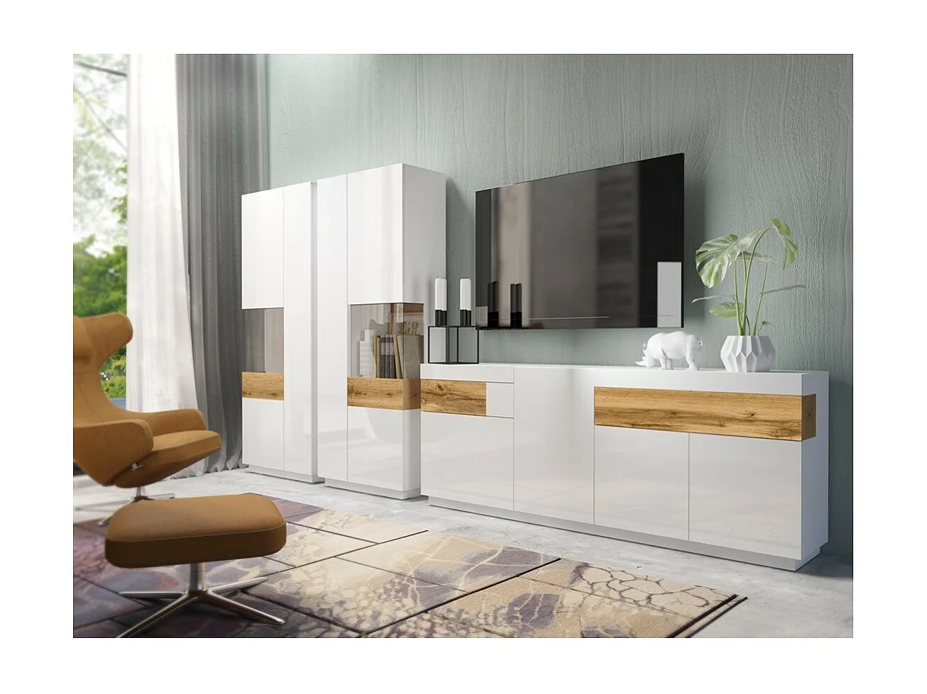 Buffet, aparador, enfilade KILES tres puertas, dos cajones. Colores blanco y roble. Estilo diseño.