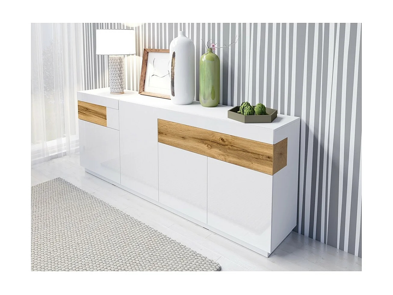 Buffet, aparador, enfilade KILES tres puertas, dos cajones. Colores blanco y roble. Estilo diseño.