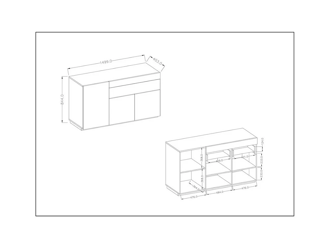 Buffet, bahut, enfilade KILES trois portes et un tiroir. Coloris blanc et chêne. Style design