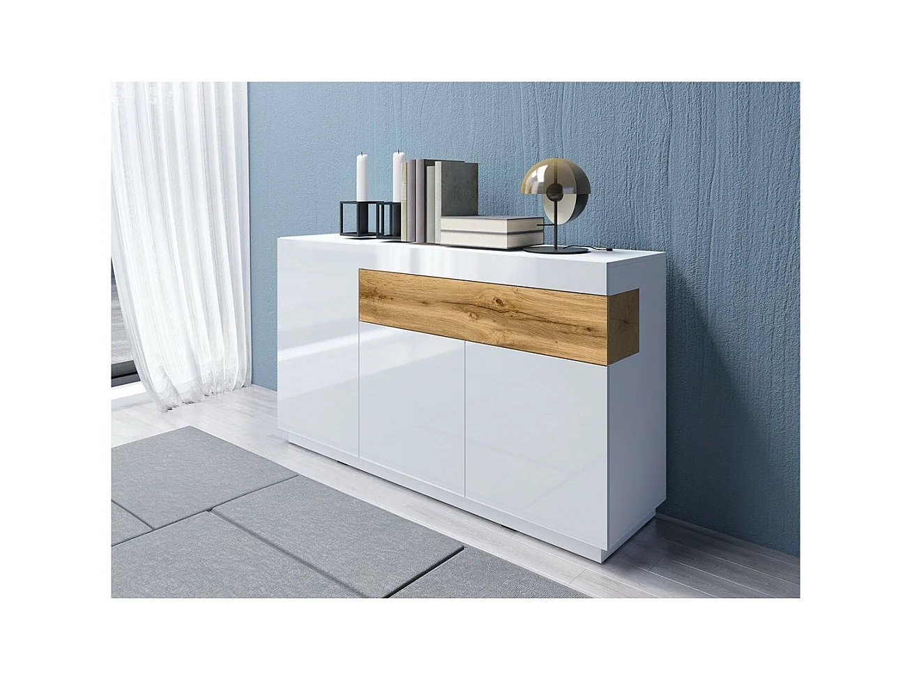 Buffet, bahut, enfilade KILES trois portes et un tiroir. Coloris blanc et chêne. Style design