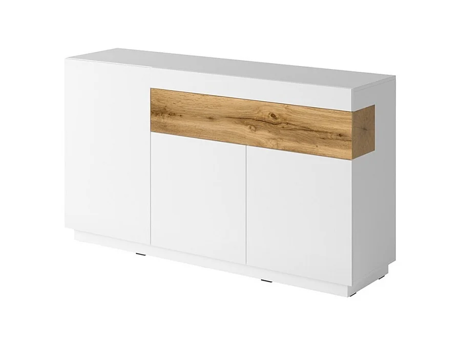 Buffetkast KILES met drie deuren en een lade. Kleuren wit en eiken. Designstijl.