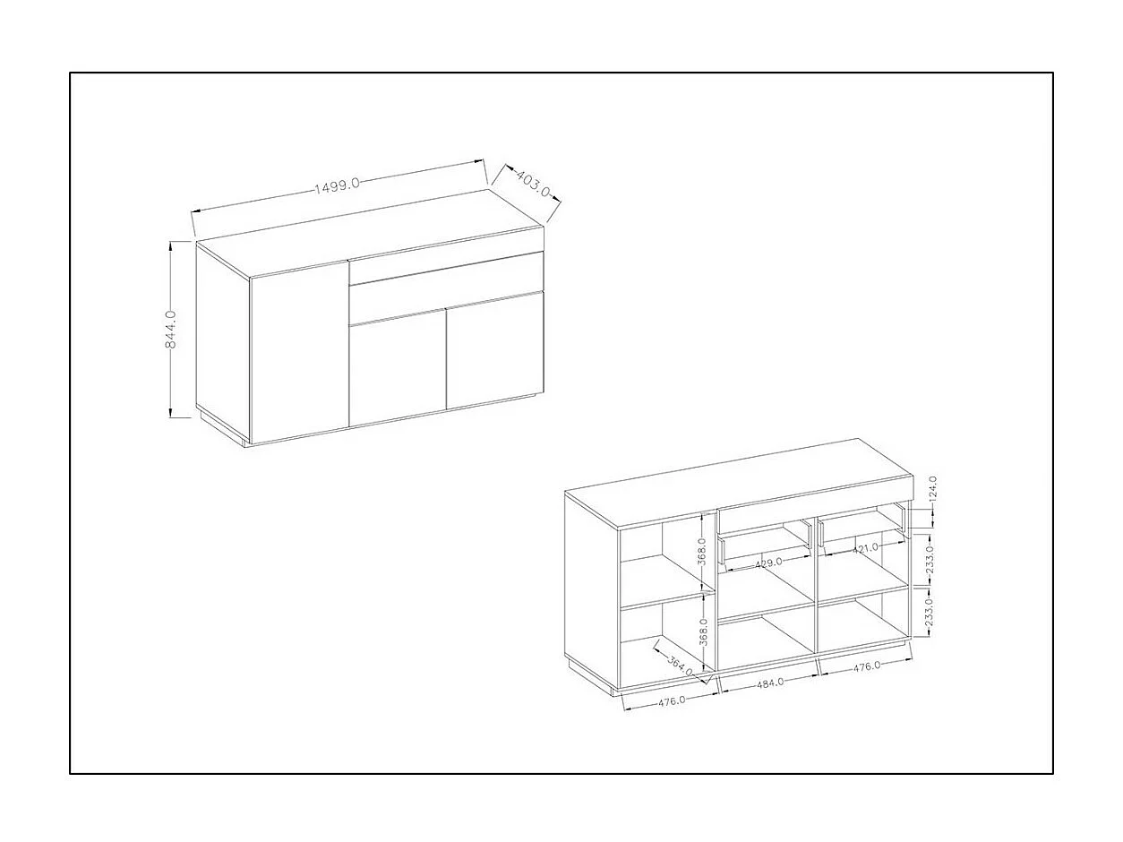 Buffet, bahut, enfilade KILES trois portes et un tiroir. Coloris blanc et chêne. Style design