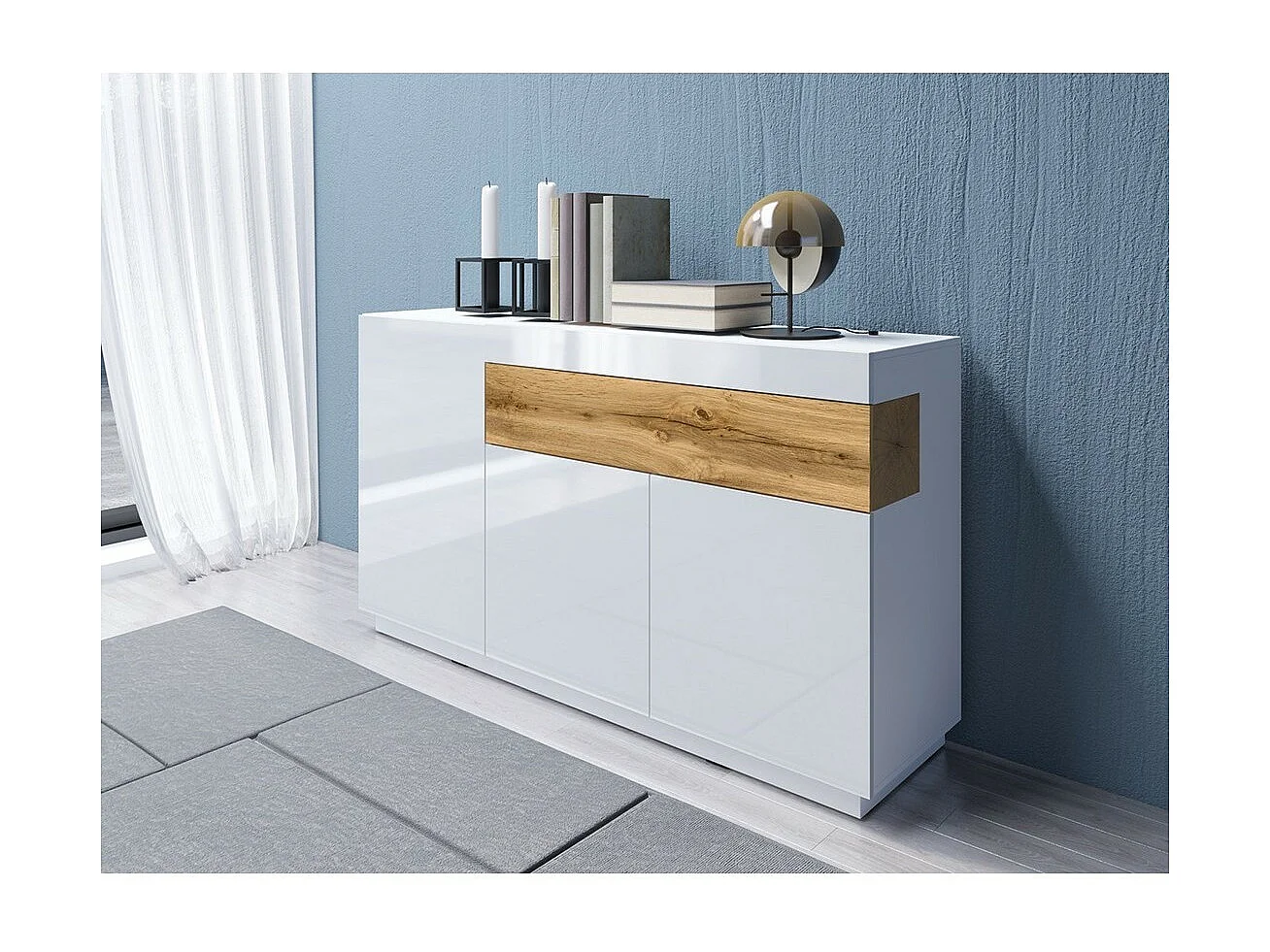 Buffet, bahut, enfilade KILES trois portes et un tiroir. Coloris blanc et chêne. Style design