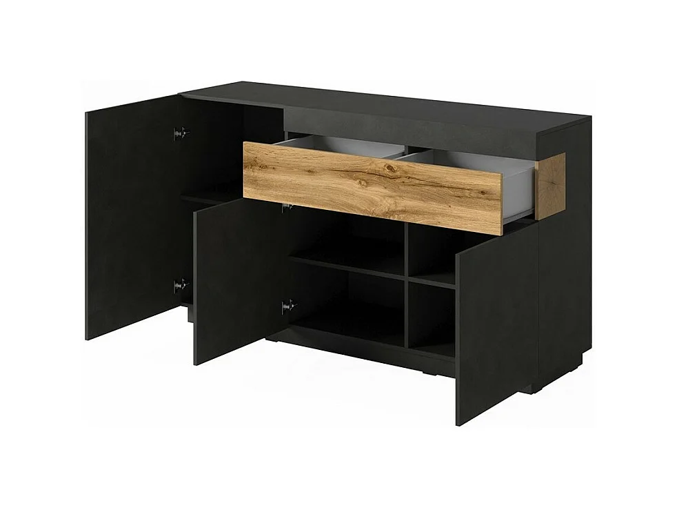 Buffet, bahut, enfilade KILES trois portes et un tiroir. Coloris gris anthracite et chêne. Style design