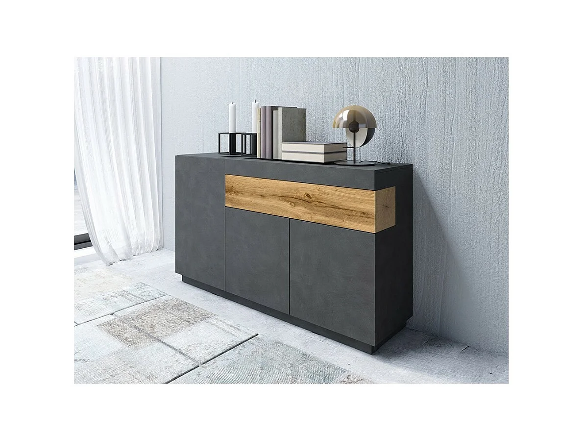 Buffet, bahut, enfilade KILES trois portes et un tiroir. Coloris gris anthracite et chêne. Style design