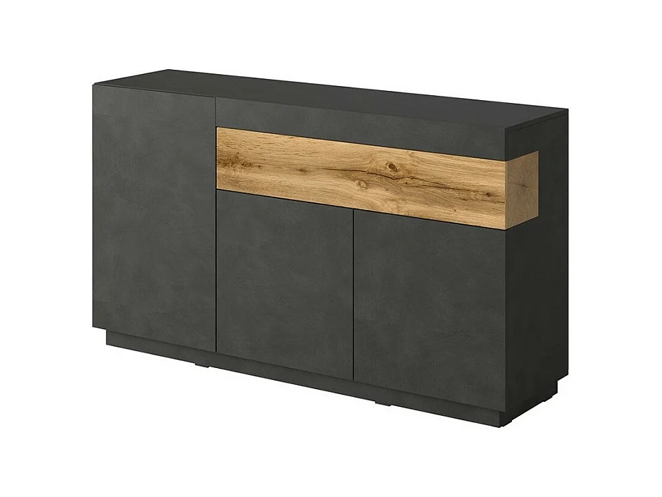 Buffet, aparador, enfilada KILES de tres puertas y un cajón. Color gris antracita y roble. Estilo de diseño.