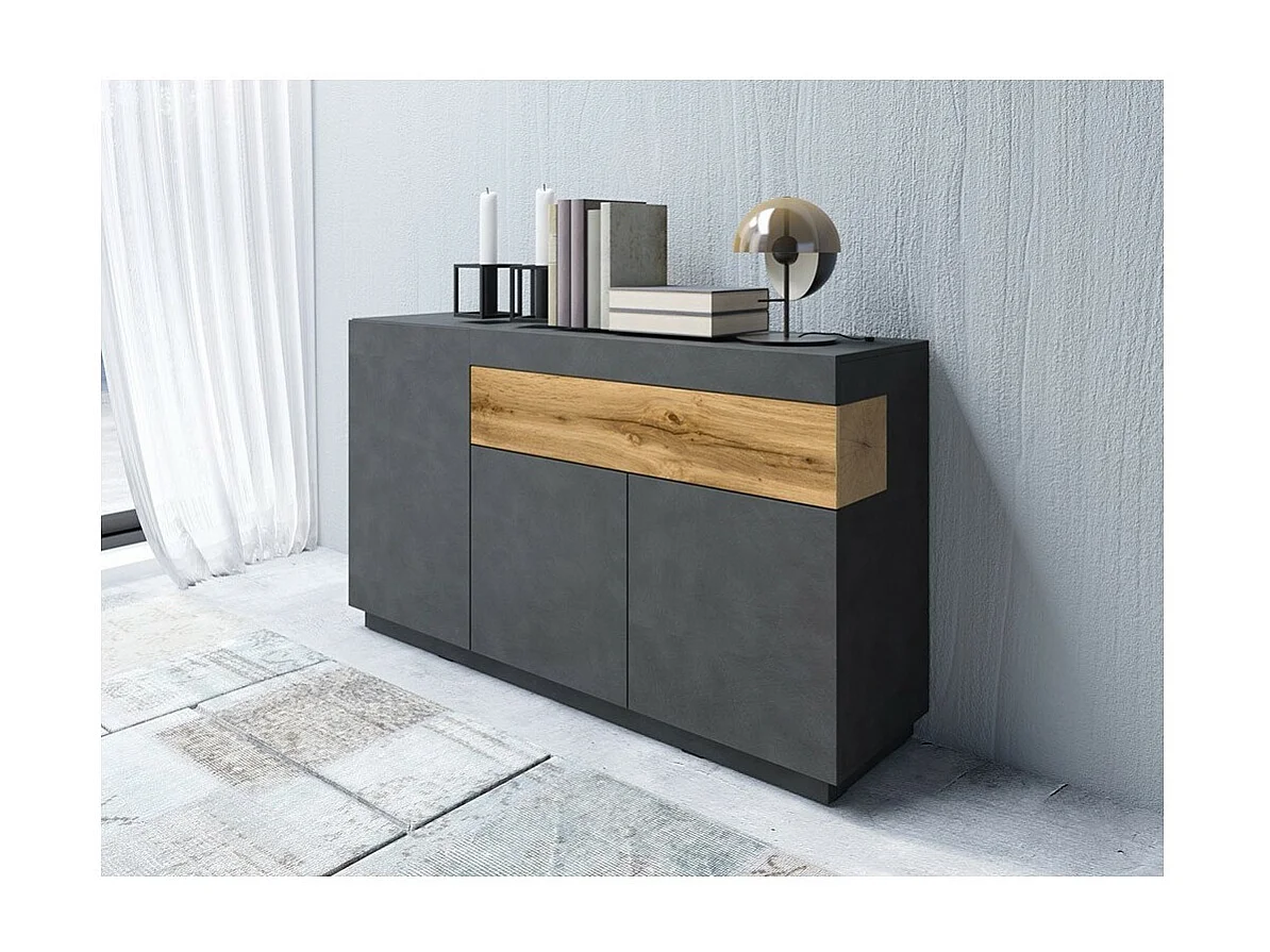 Buffet, bahut, enfilade KILES trois portes et un tiroir. Coloris gris anthracite et chêne. Style design