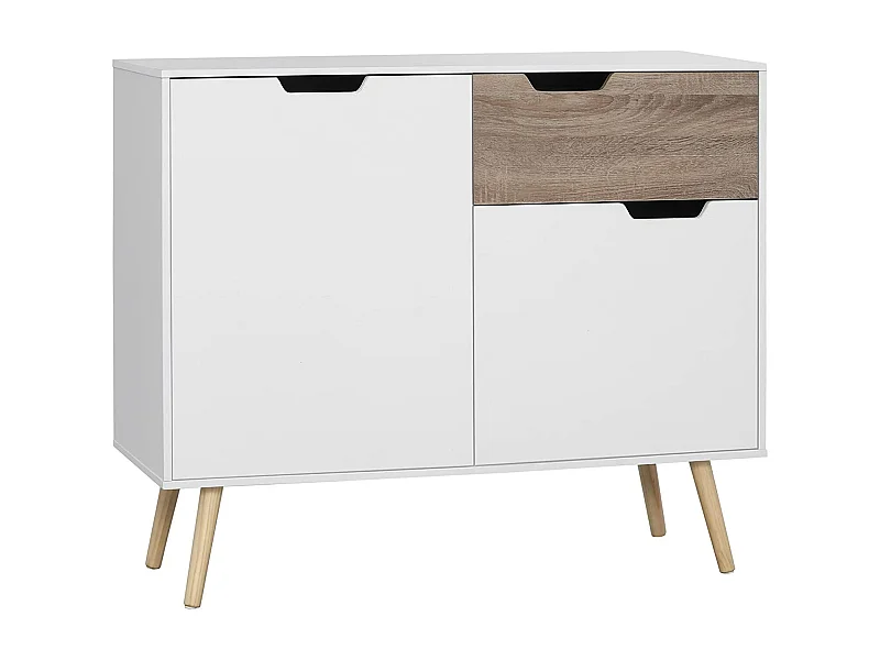 Buffet design scandinave 2 placards tiroir coulissant pieds bois massif pin panneaux particules blanc aspect bois - dim. 98L x 39l x 81,5H cm