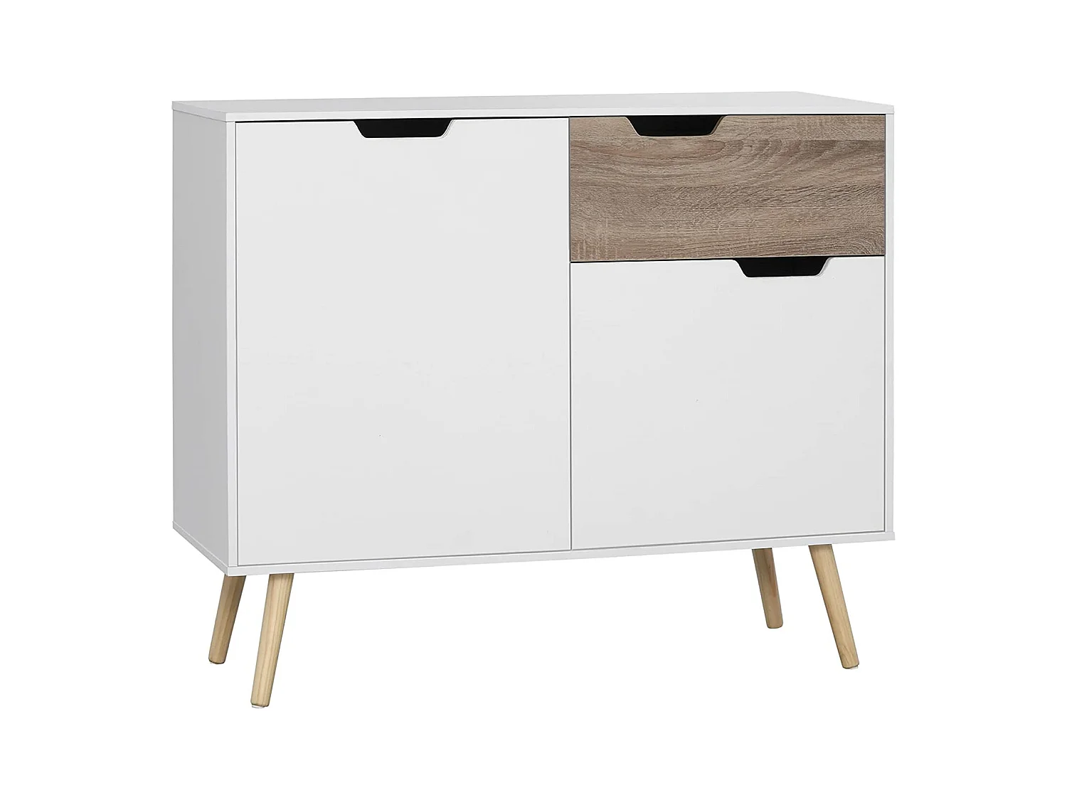 Buffet design scandinave 2 placards tiroir coulissant pieds bois massif pin panneaux particules blanc aspect bois - dim. 98L x 39l x 81,5H cm