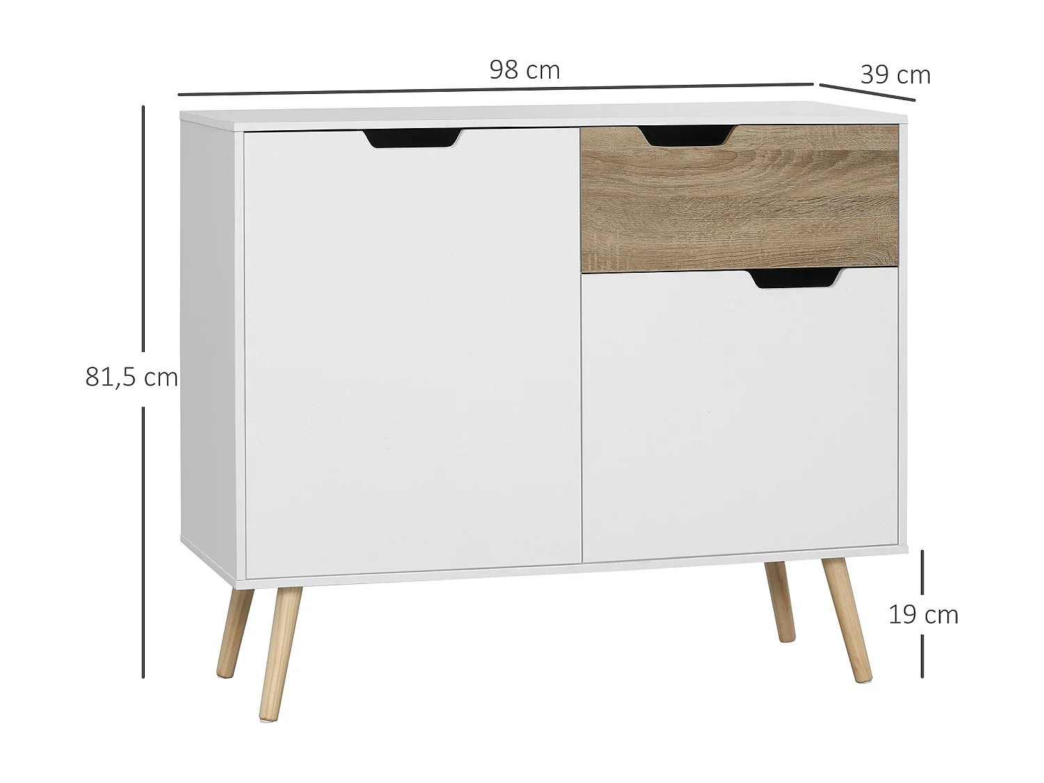 Buffet design scandinave 2 placards tiroir coulissant pieds bois massif pin panneaux particules blanc aspect bois - dim. 98L x 39l x 81,5H cm
