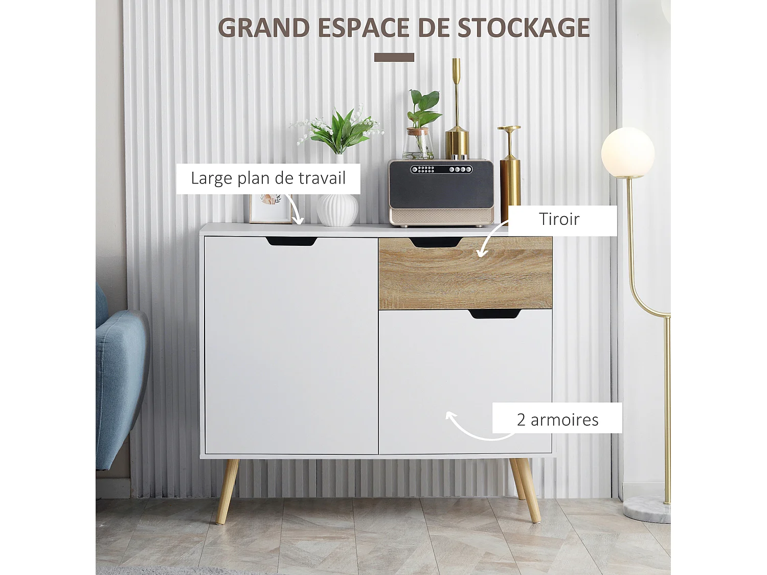 Buffet design scandinave 2 placards tiroir coulissant pieds bois massif pin panneaux particules blanc aspect bois - dim. 98L x 39l x 81,5H cm