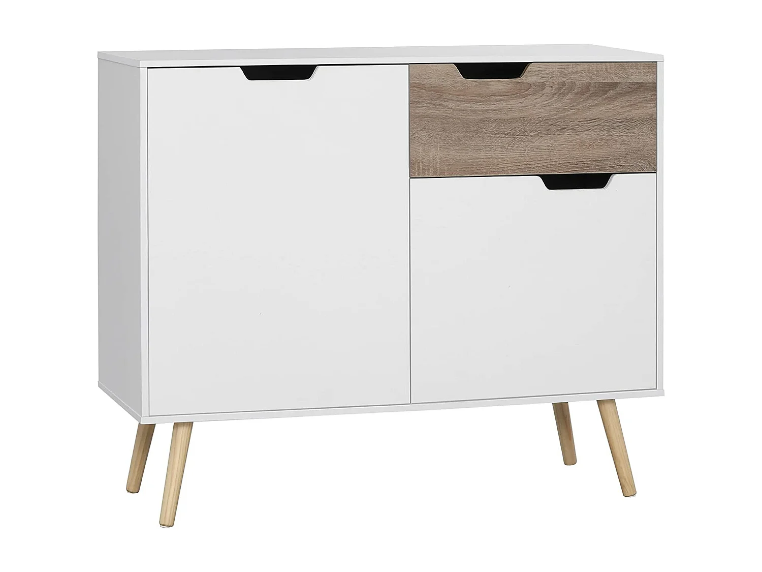 Buffet design scandinave 2 placards tiroir coulissant pieds bois massif pin panneaux particules blanc aspect bois - dim. 98L x 39l x 81,5H cm