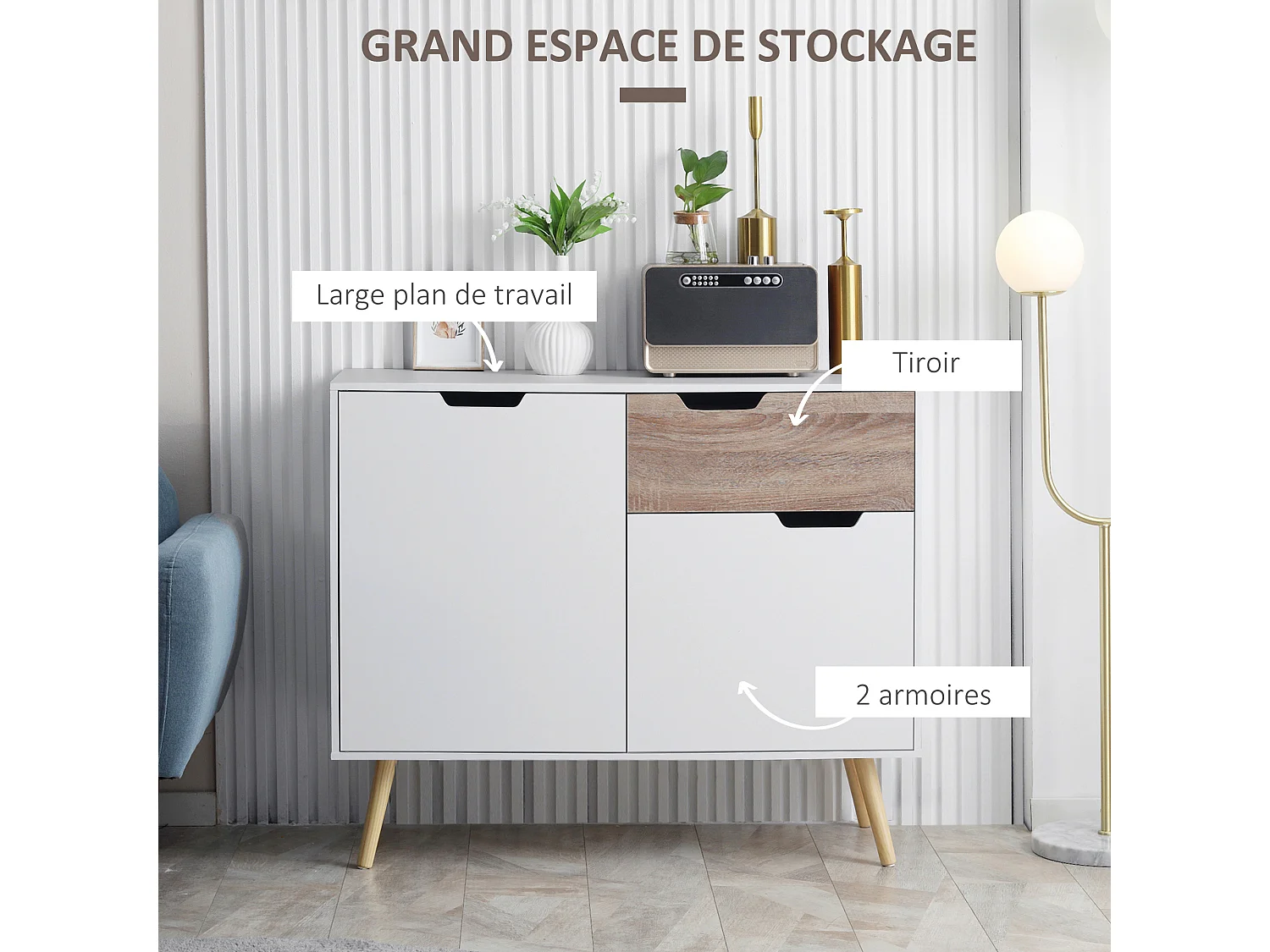 Buffet design scandinave 2 placards tiroir coulissant pieds bois massif pin panneaux particules blanc aspect bois - dim. 98L x 39l x 81,5H cm