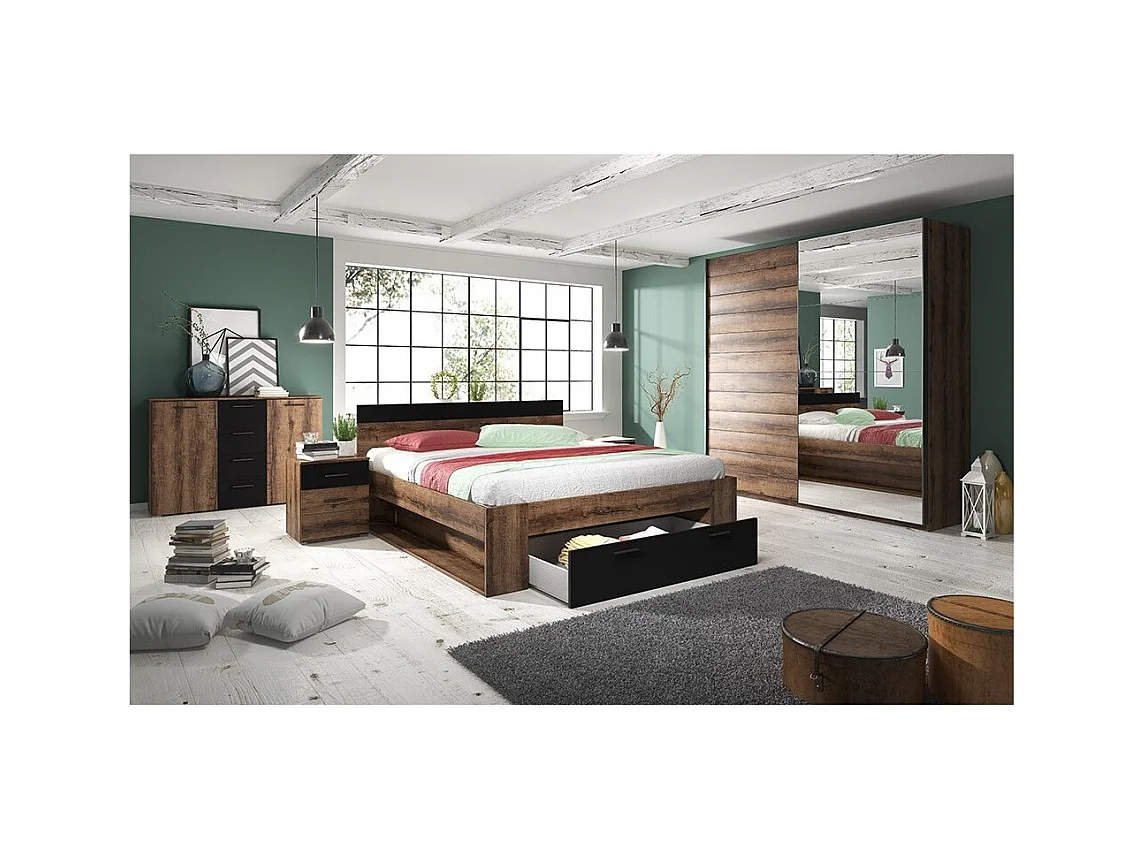 Erwachsenenbett 160x200 mit integrierten Schubladen - EOS Kollektion. Farbe Dunkleiche und Schwarz