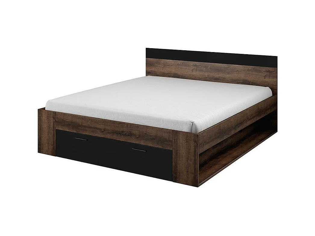 Lit adulte 160x200 avec tiroirs intégrés - Collection EOS. Coloris chêne foncé et noir