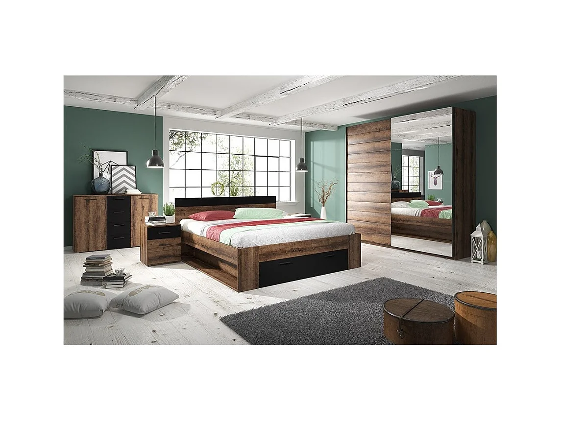 Cama de adulto 180x200 com gavetas integradas - Coleção EOS. Cor carvalho escuro e preto.