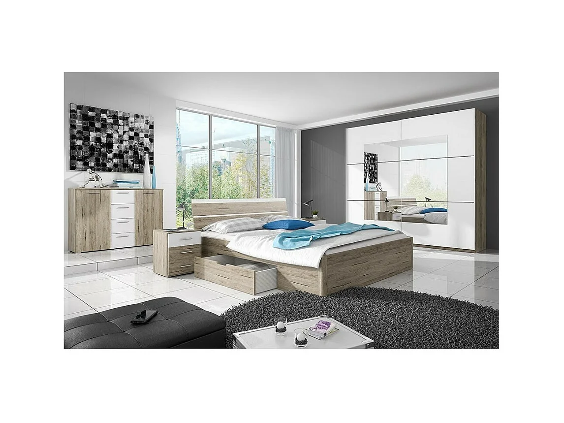 Cama de adulto 160x200 com gavetas integradas - Coleção EOS. Cores em carvalho claro e branco.