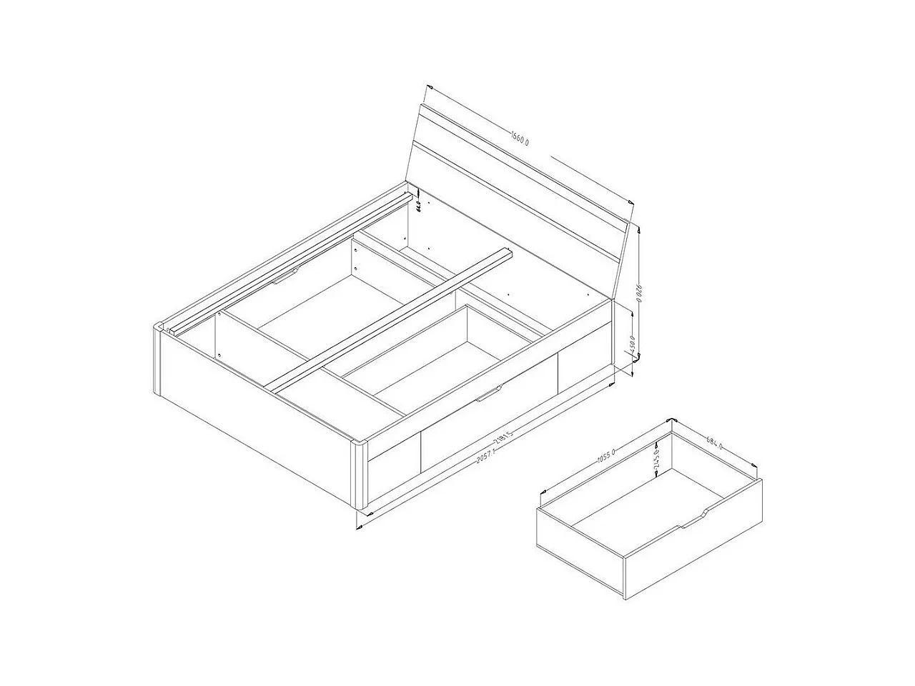 Cama de adulto 160x200 com gavetas integradas - Coleção EOS. Cores em carvalho claro e branco.