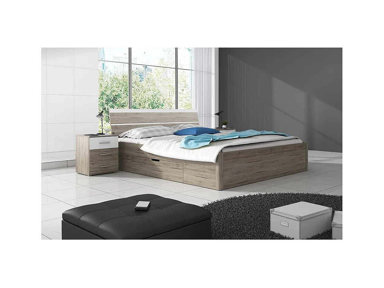 Cama de adulto 160x200 com gavetas integradas - Coleção EOS. Cores em carvalho claro e branco.
