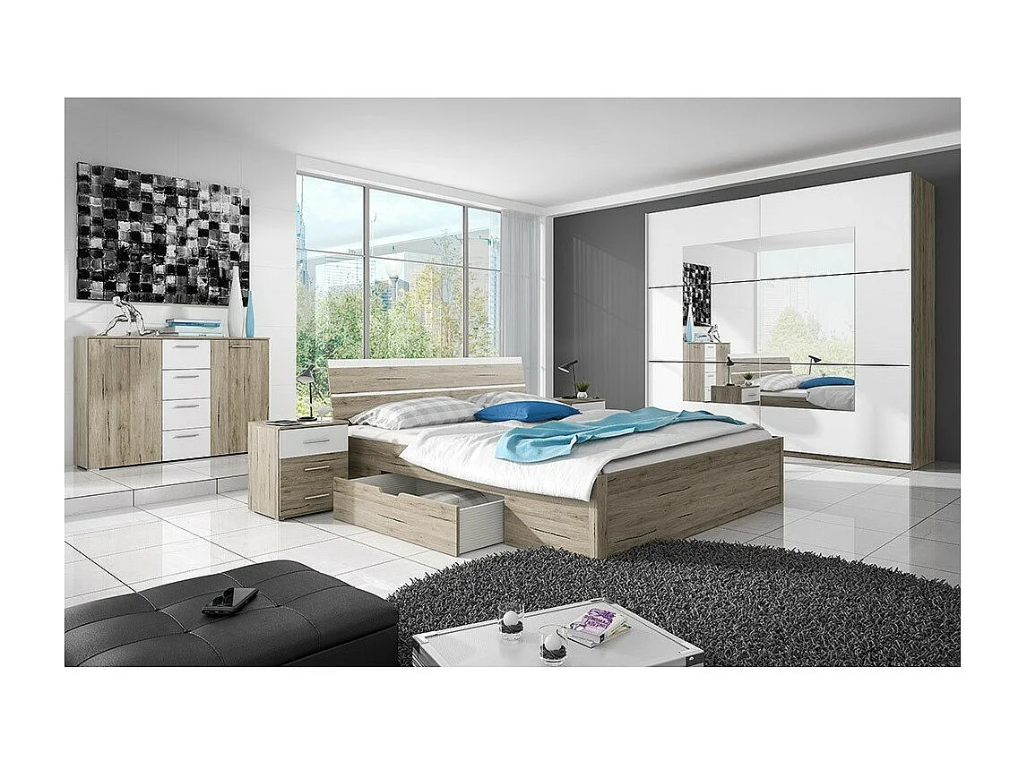 Lit adulte 160x200, tiroirs intégrés et sommier inclus - Collection EOS. Coloris chêne clair et blanc