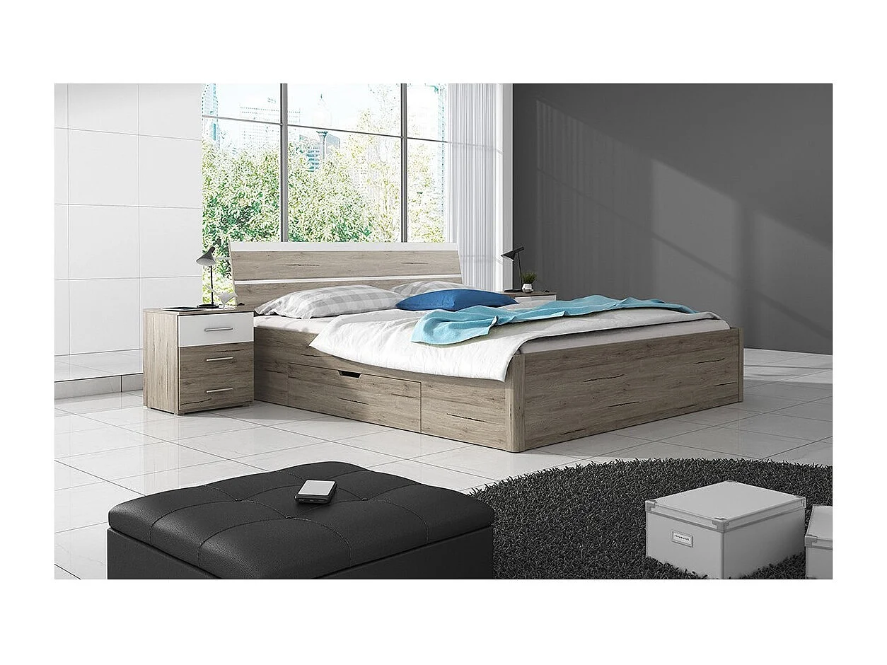 Lit adulte 160x200, tiroirs intégrés et sommier inclus - Collection EOS. Coloris chêne clair et blanc