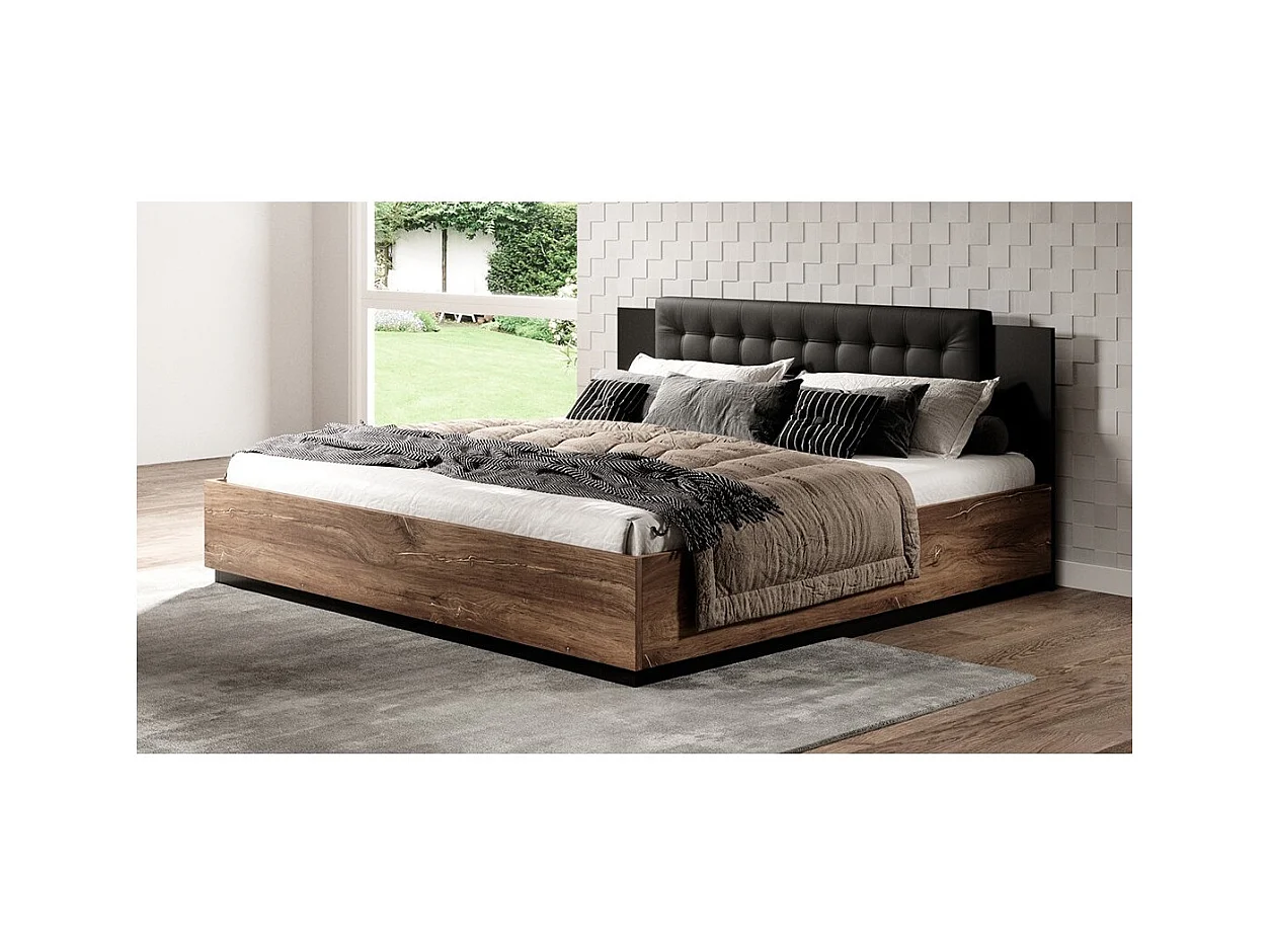 Cama de adulto 160x200 cor carvalho escuro e preto coleção FOX.