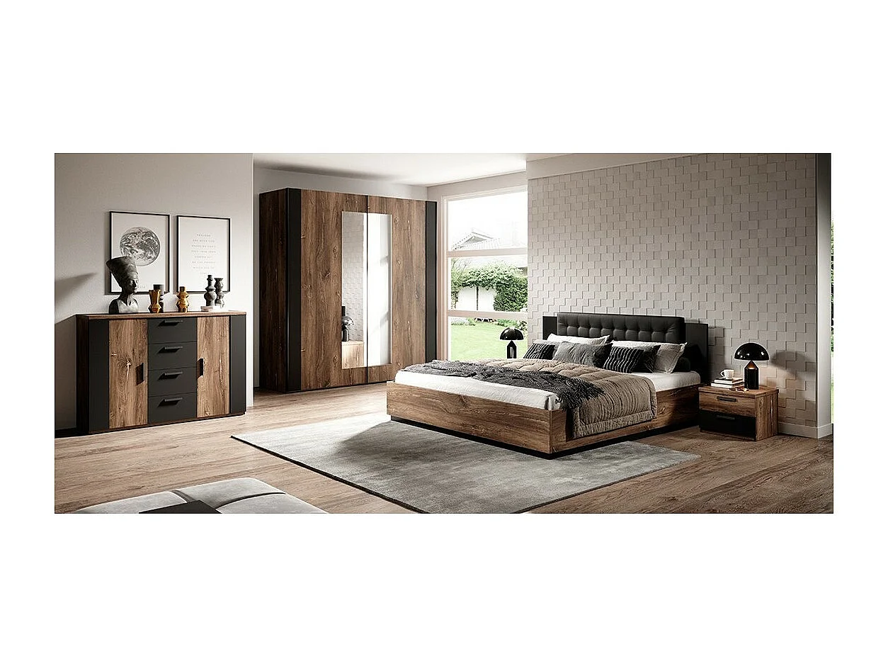 Lit adulte 160x200 – Chêne foncé et noir – Collection FOX – Sommier inclus