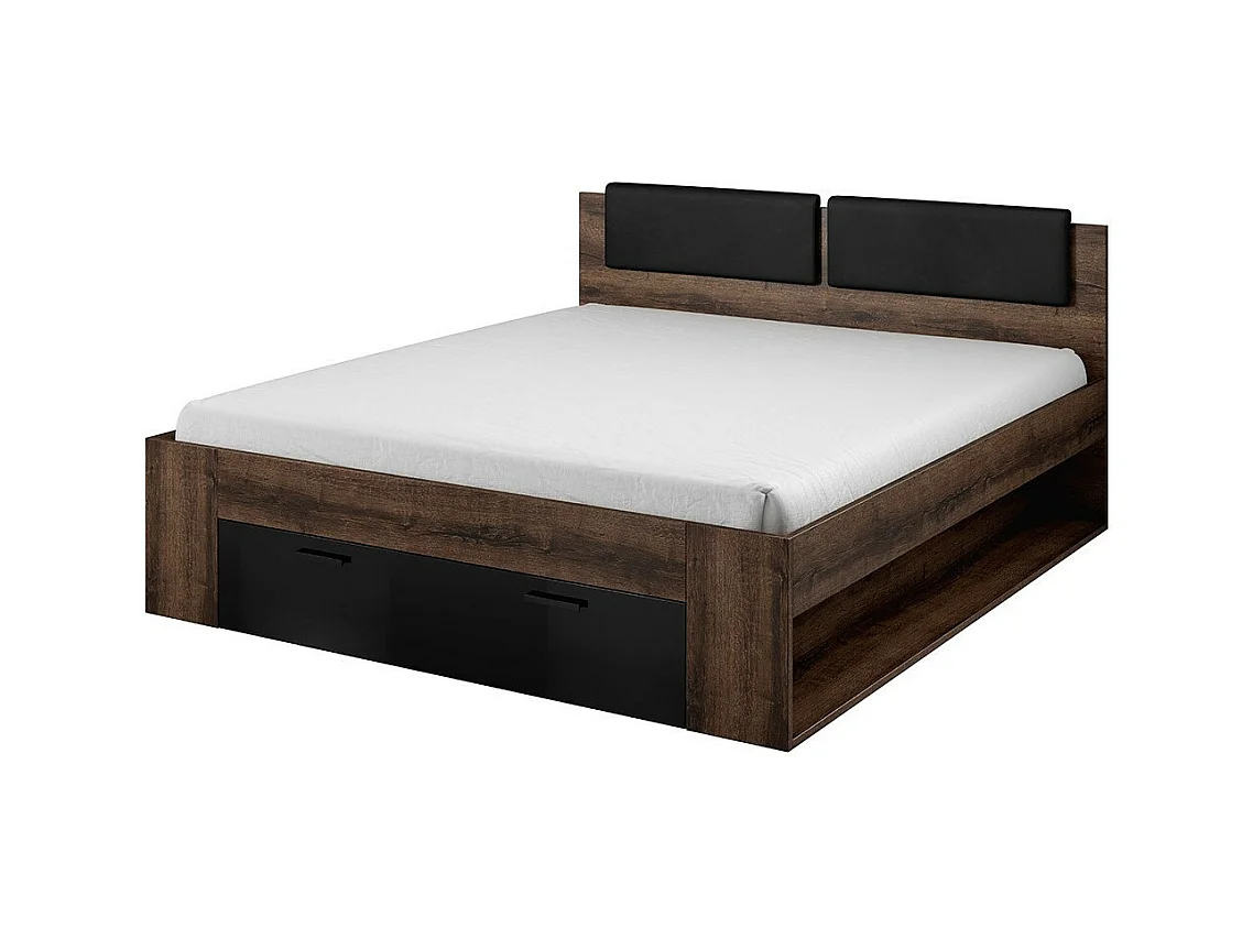 Cama de adulto 160x200 com gavetas integradas - Coleção FLOYD. Cor carvalho escuro e preto.