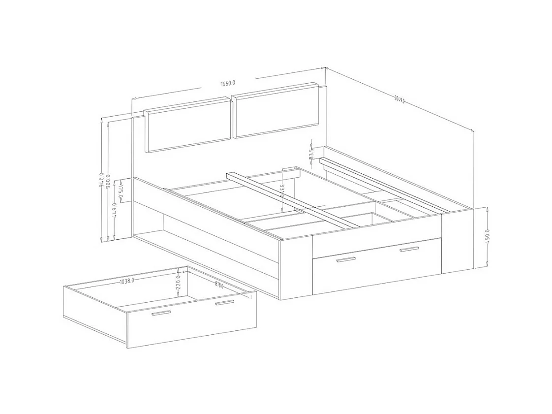 Cama de adulto 160x200 com gavetas integradas - Coleção FLOYD. Cor carvalho escuro e preto.
