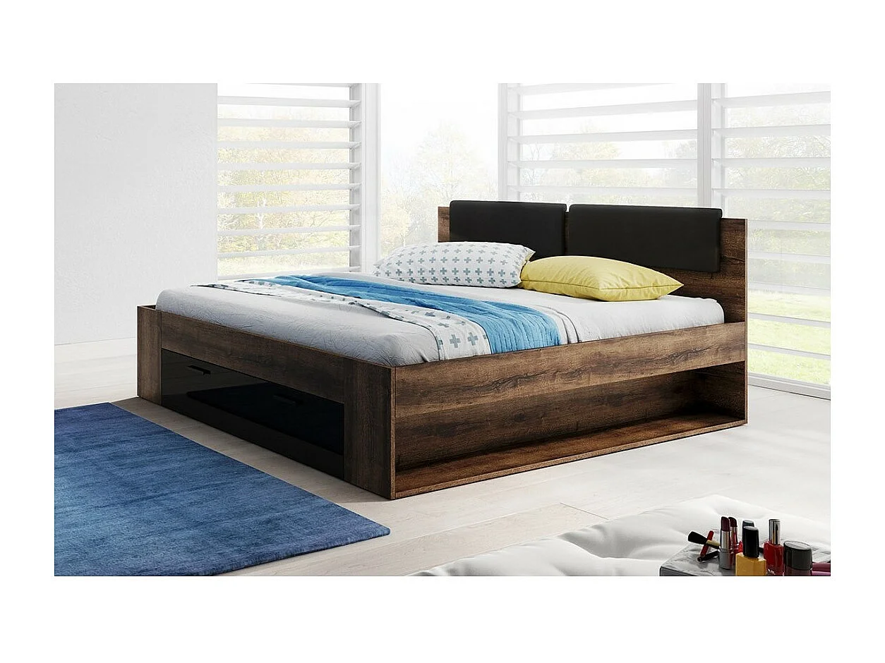 Lit adulte 160x200 avec tiroirs intégrés - Collection FLOYD. Coloris chêne foncé et noir