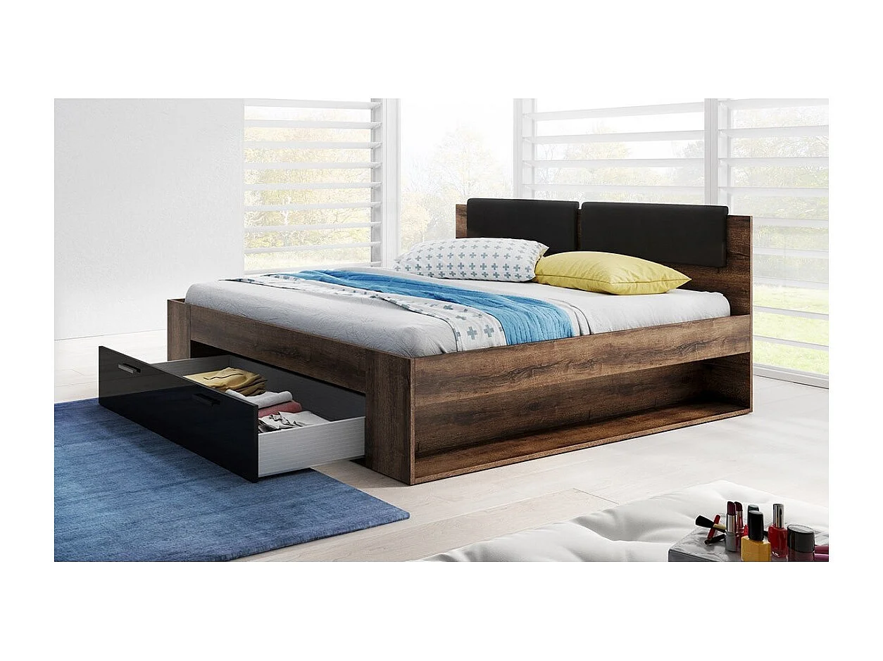 Lit adulte 160x200 avec tiroirs intégrés - Collection FLOYD. Coloris chêne foncé et noir