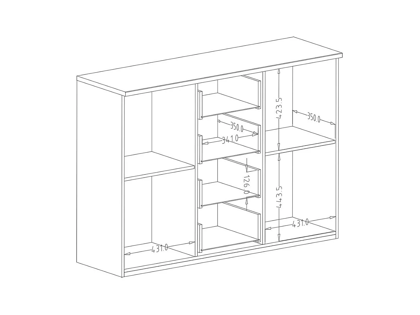Cómoda de diseño con 2 puertas y 4 cajones de 130cm. Colección FOX en color roble claro y negro.