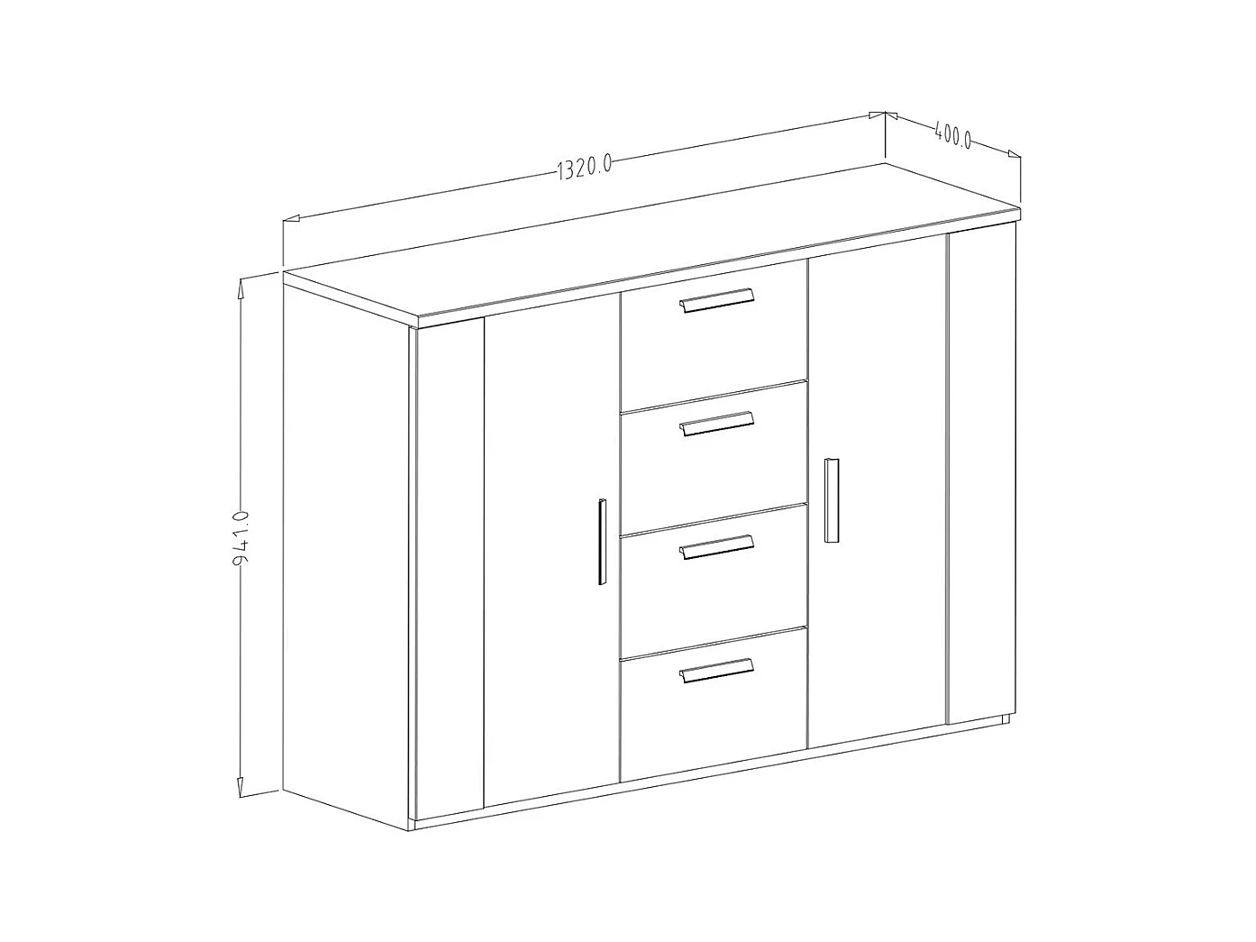 Design-Kommode mit 2 Türen und 4 Schubladen, 130 cm. Kollektion FOX in hellem Eichenholz und Schwarz.