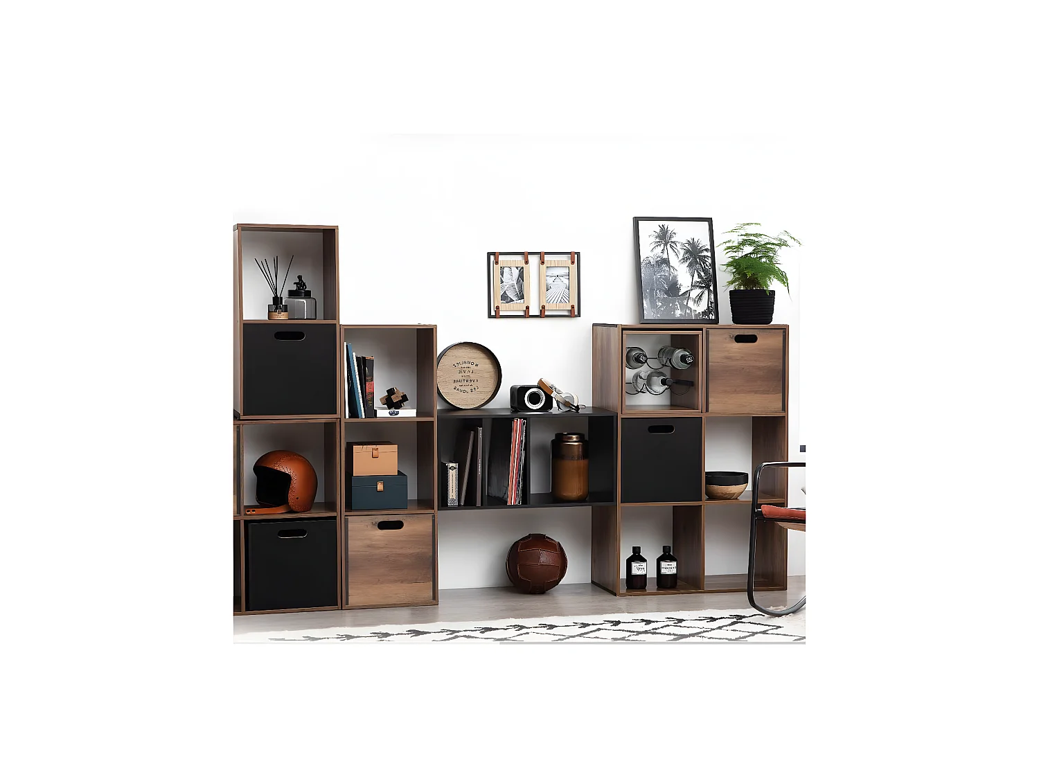 Meuble Étagère 3 cases de rangement effet bois foncé style Industriel H 100.5 cm