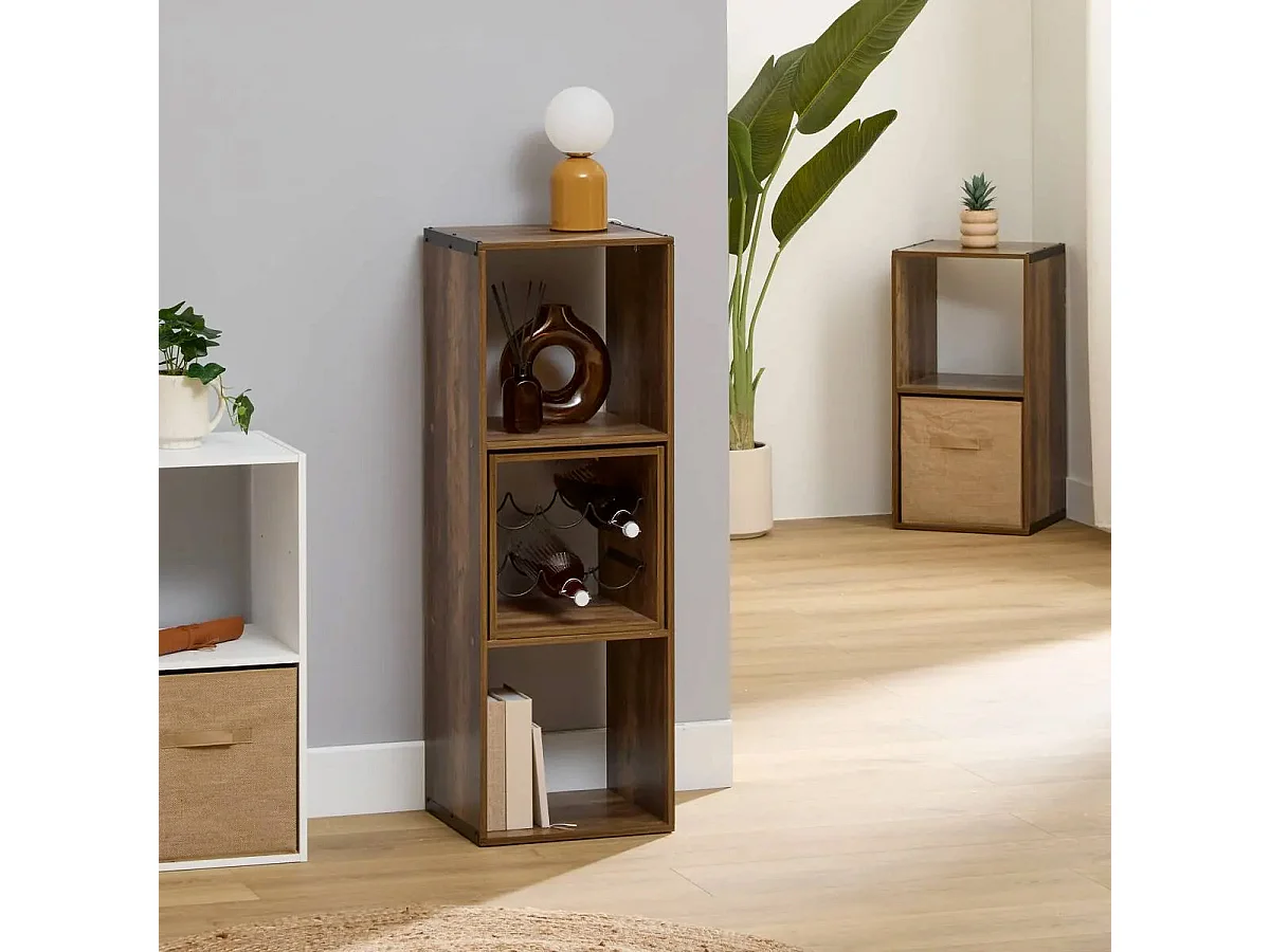 Meuble Étagère 3 cases de rangement effet bois foncé style Industriel H 100.5 cm