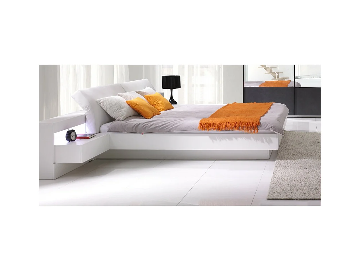 Cama con canapé RENATO 180x200 cm color blanco con somier y mesitas de noche con LED – 291 x 90 x 236 cm