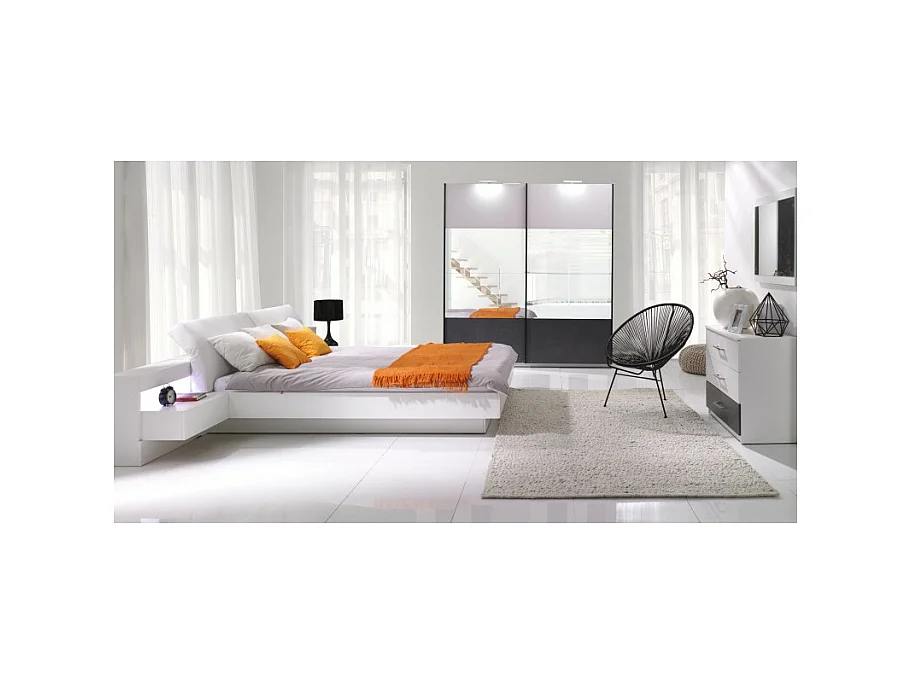 Cama con canapé RENATO 180x200 cm color blanco con somier y mesitas de noche con LED – 291 x 90 x 236 cm