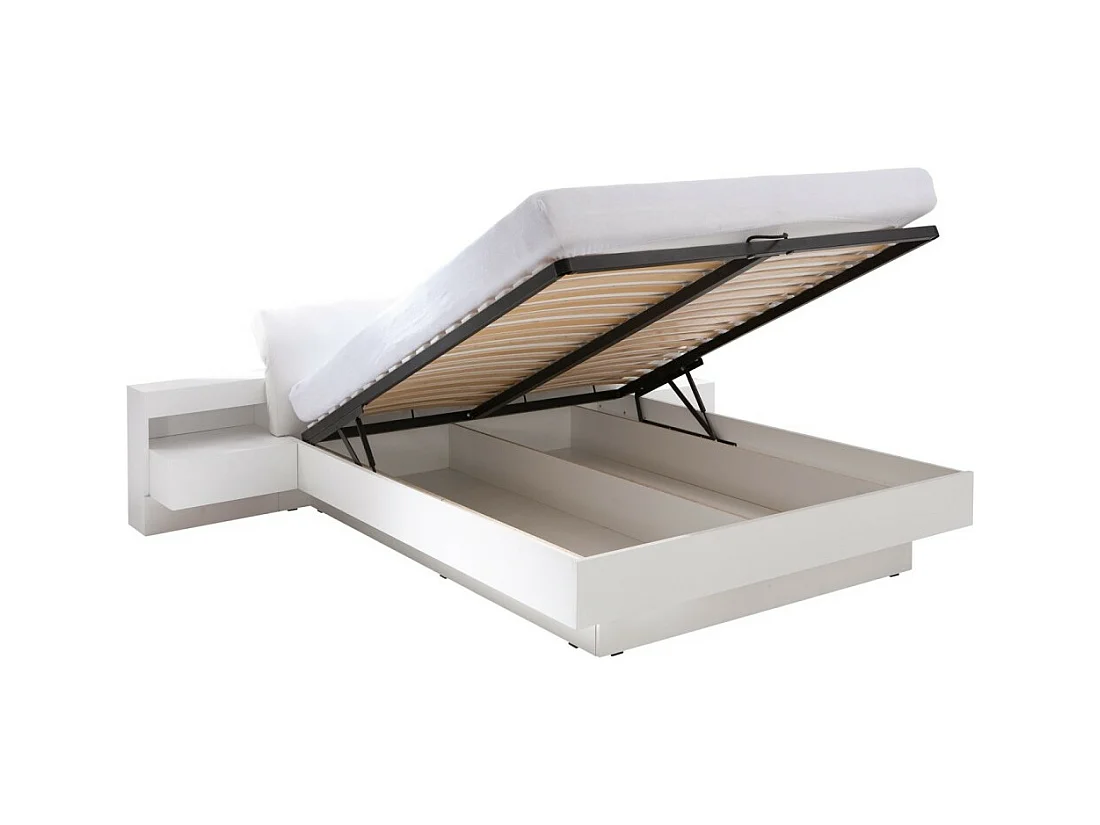 Opbergbed RENATO 180x200 cm in witte kleur met lattenbodem en nachtkastjes met LED - 291 x 90 x 236 cm