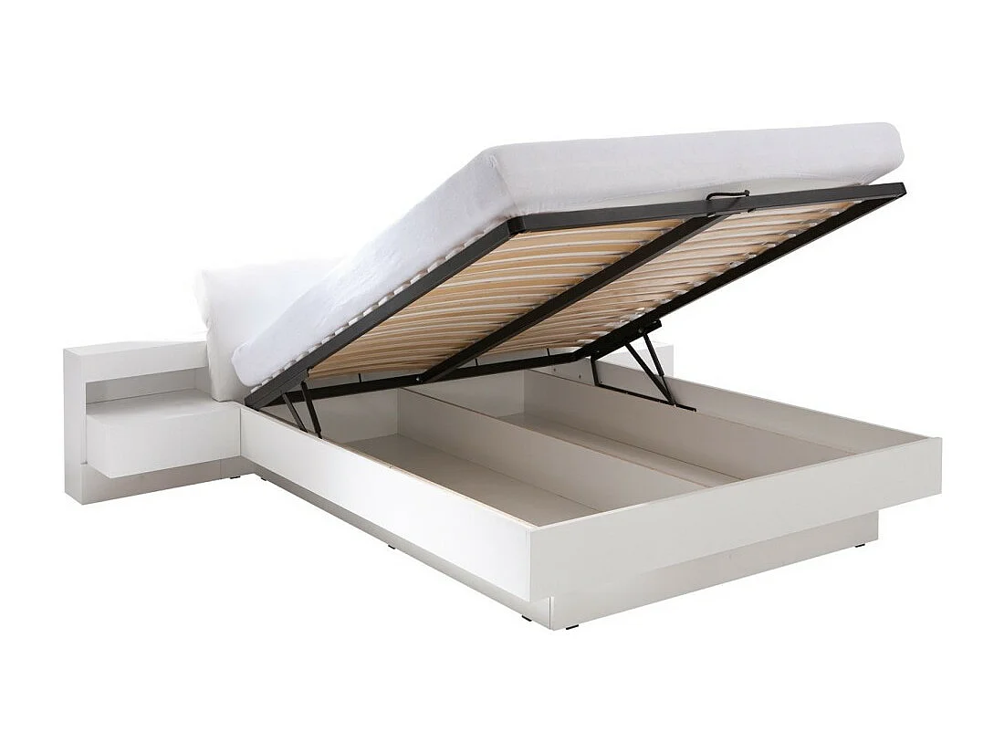 Lit coffre RENATO 180x200 cm coloris blanc avec sommier et tables de chevet avec LED – 291 x 90 x 236 cm